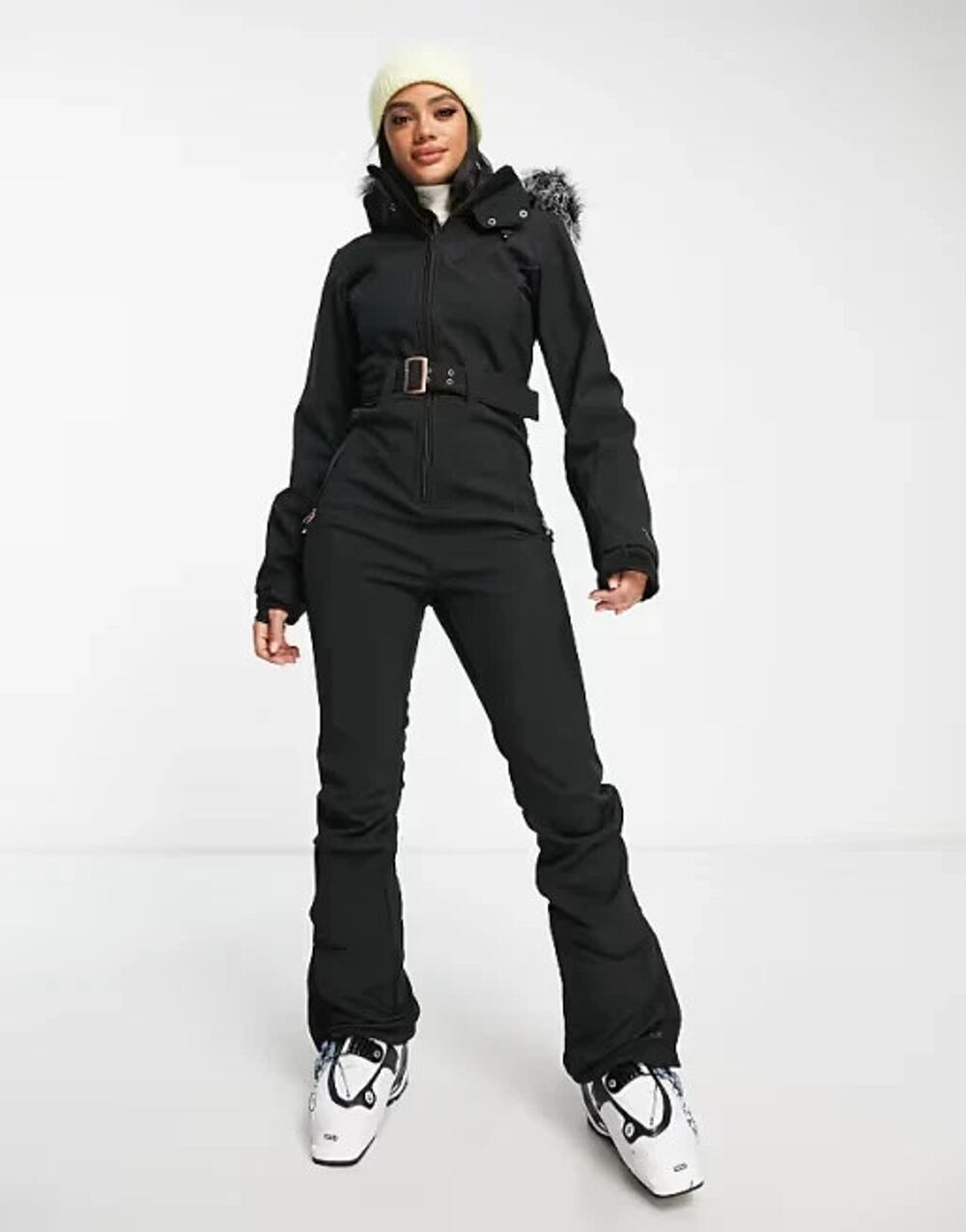 Protest 10K Glamour Ski Suit Black Softshell Waterproof Faux Fur Hood Belted XS